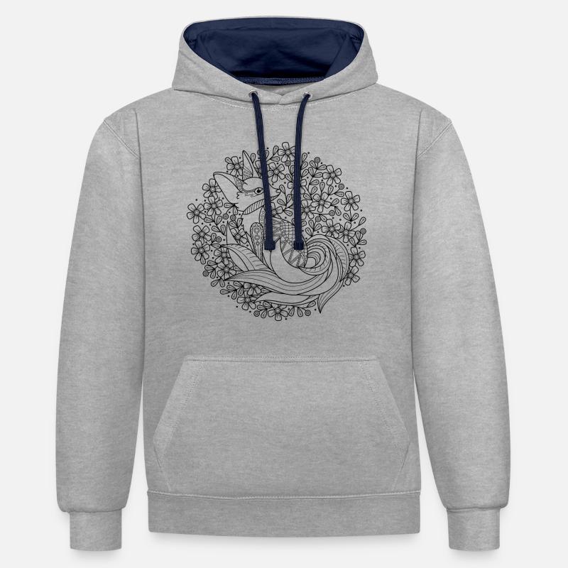 Fox. Fox. Style mandala. - Sweat à capuche contrasté - gris chiné/bleu marine