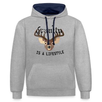 Grantler mit reh in Bayern vintage - Kontrast-Hoodie - Grau meliert/Navy - Vorne - Liana (172cm) & Jaron (178cm)