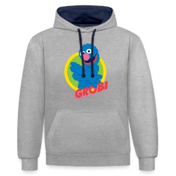 Sesamstraße Grobi Portrait - Kontrast-Hoodie - Grau meliert/Navy - Vorne - Liana (172cm) & Jaron (178cm)