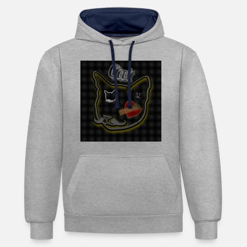 Chat - Image - 2023 - Sweat à capuche contrasté - gris chiné/bleu marine