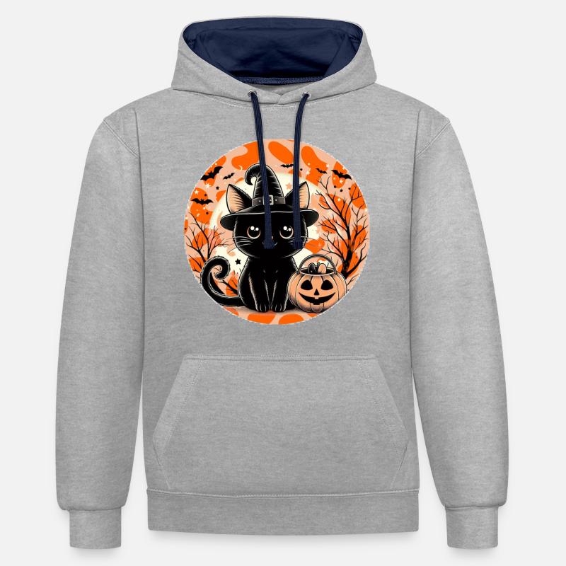 Chaton sorcière halloween - Sweat à capuche contrasté - gris chiné/bleu marine