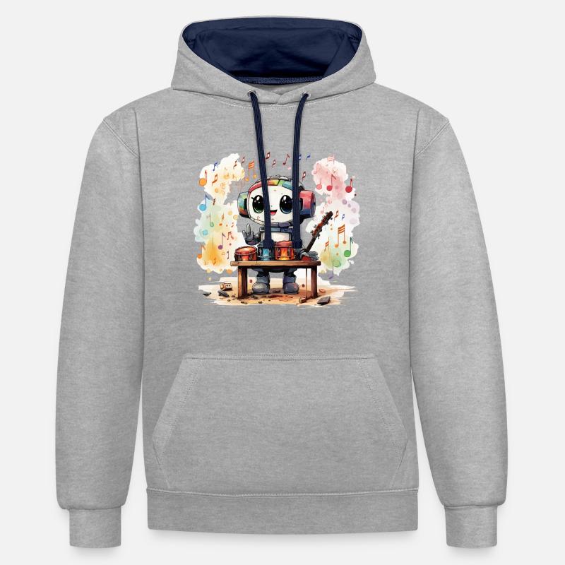 Le joyeux robot xylophoniste - Sweat à capuche contrasté - gris chiné/bleu marine