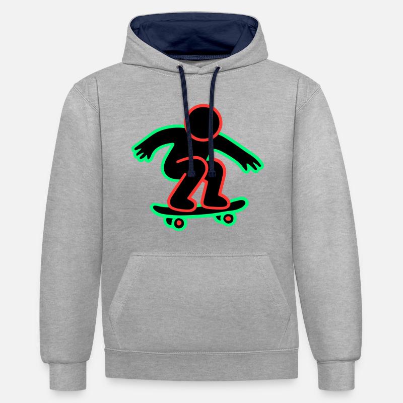 Dessin au trait de skateboarder néon - Sweat à capuche contrasté - gris chiné/bleu marine
