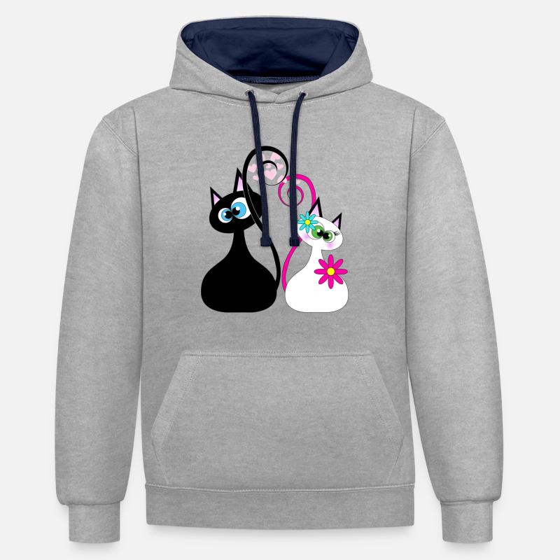 Visage de chat dame chat - Sweat à capuche contrasté - gris chiné/bleu marine