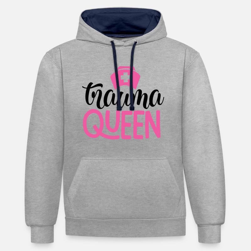 Slogan d'infirmière rose Trauma Queen - Sweat à capuche contrasté - gris chiné/bleu marine