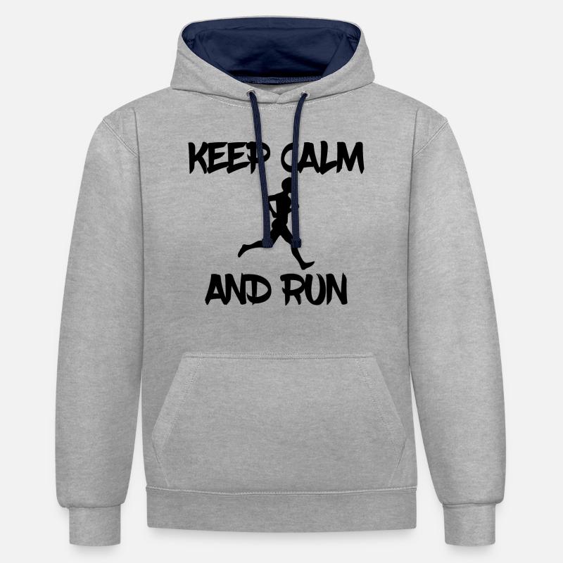 Keep calm and run - Sweat à capuche contrasté - gris chiné/bleu marine