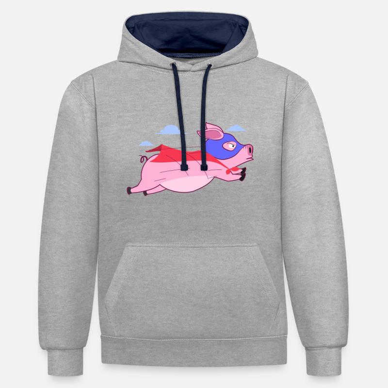 Cochon super-héros - Sweat à capuche contrasté - gris chiné/bleu marine