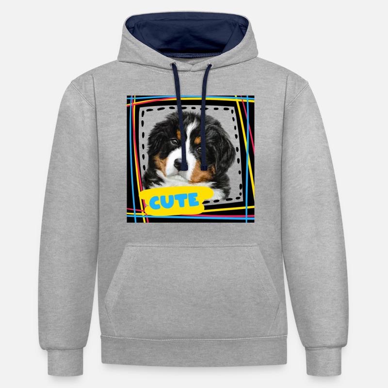Chiot Bouvier Bernois - Sweat à capuche contrasté - gris chiné/bleu marine