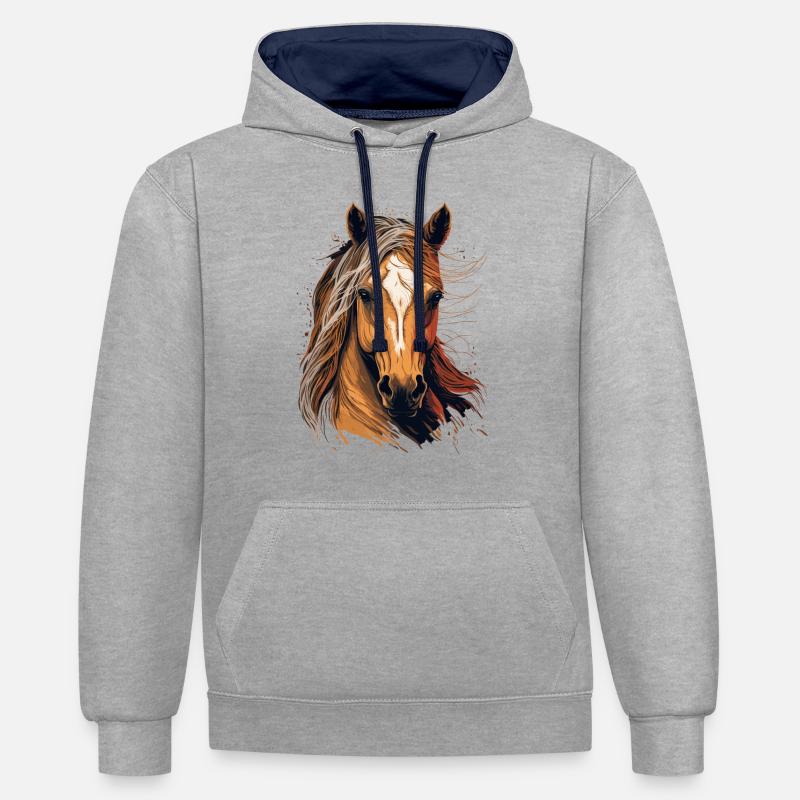 Illustration de cheval - Sweat à capuche contrasté - gris chiné/bleu marine