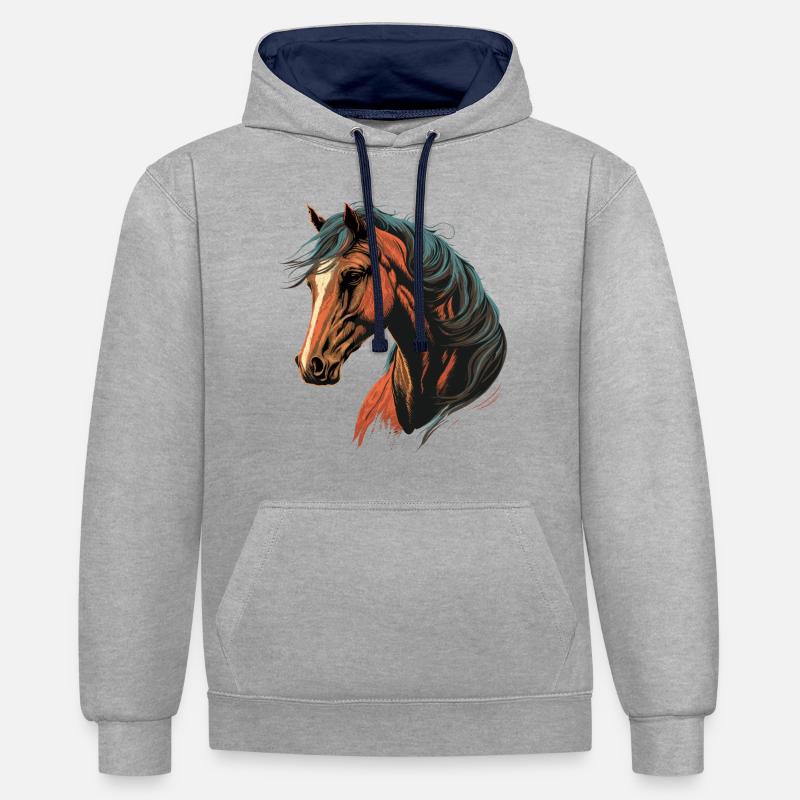 Tête de cheval de course - Sweat à capuche contrasté - gris chiné/bleu marine