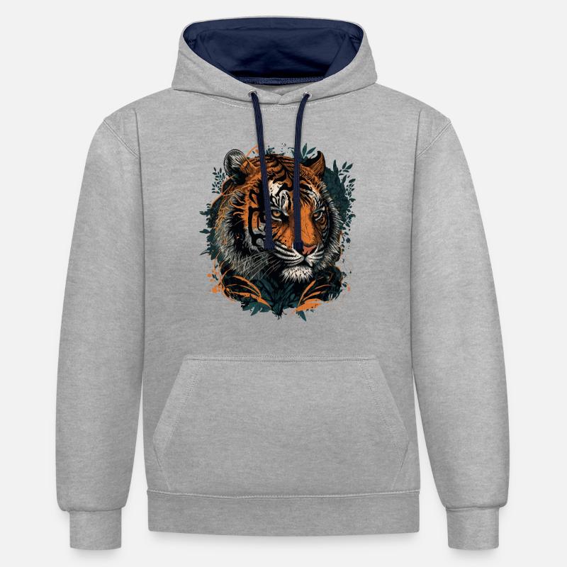 Une illustration numérique de tigre - Sweat à capuche contrasté - gris chiné/bleu marine
