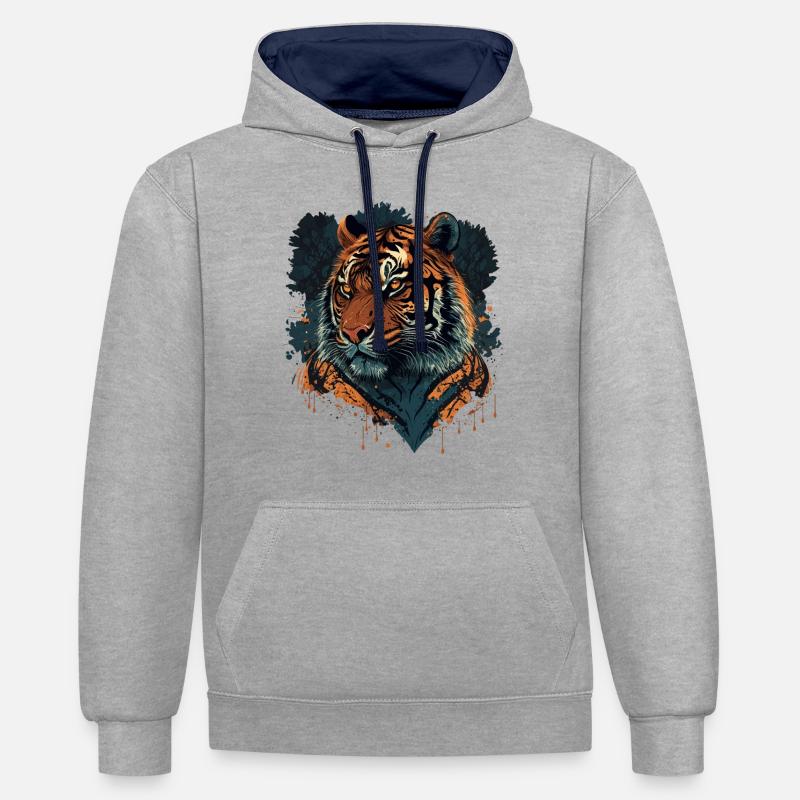 Conception de tigre plat - Sweat à capuche contrasté - gris chiné/bleu marine