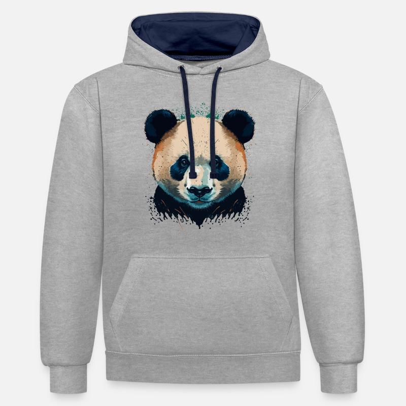 Panda Vous regardant - Sweat à capuche contrasté - gris chiné/bleu marine