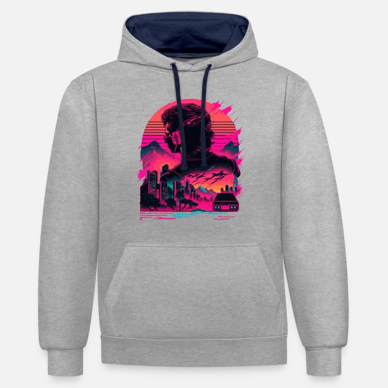 Espace Synthwave - Sweat à capuche contrasté - gris chiné/bleu marine