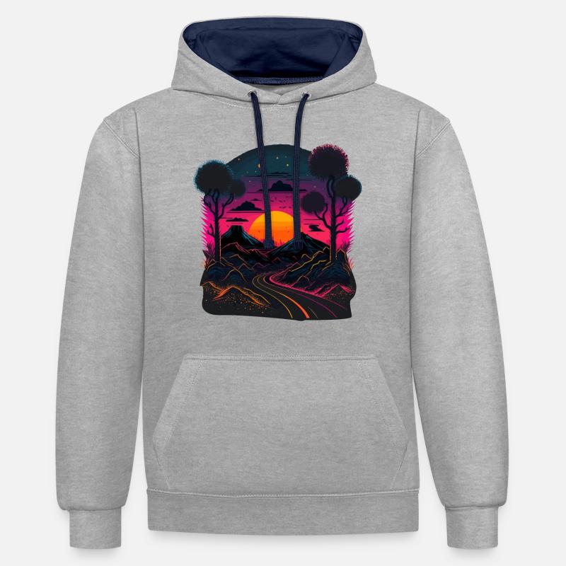 Illustration Synthwave - Sweat à capuche contrasté - gris chiné/bleu marine
