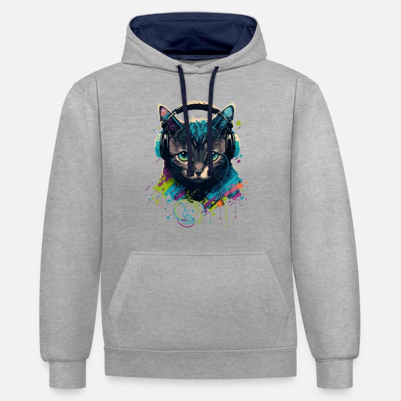 Chat et mélomane - Sweat à capuche contrasté - gris chiné/bleu marine