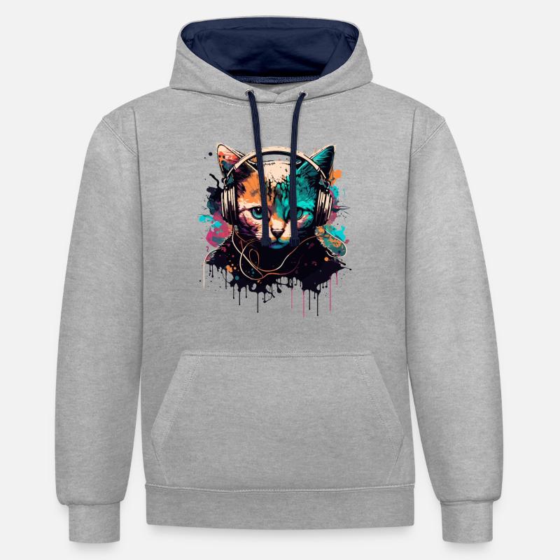 Conception de chat de joueur - Sweat à capuche contrasté - gris chiné/bleu marine
