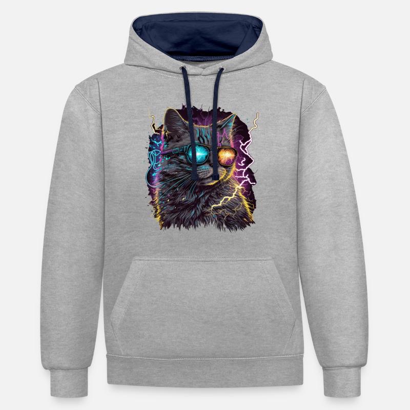 Vaperwave Thunder Storm Cat - Sweat à capuche contrasté - gris chiné/bleu marine