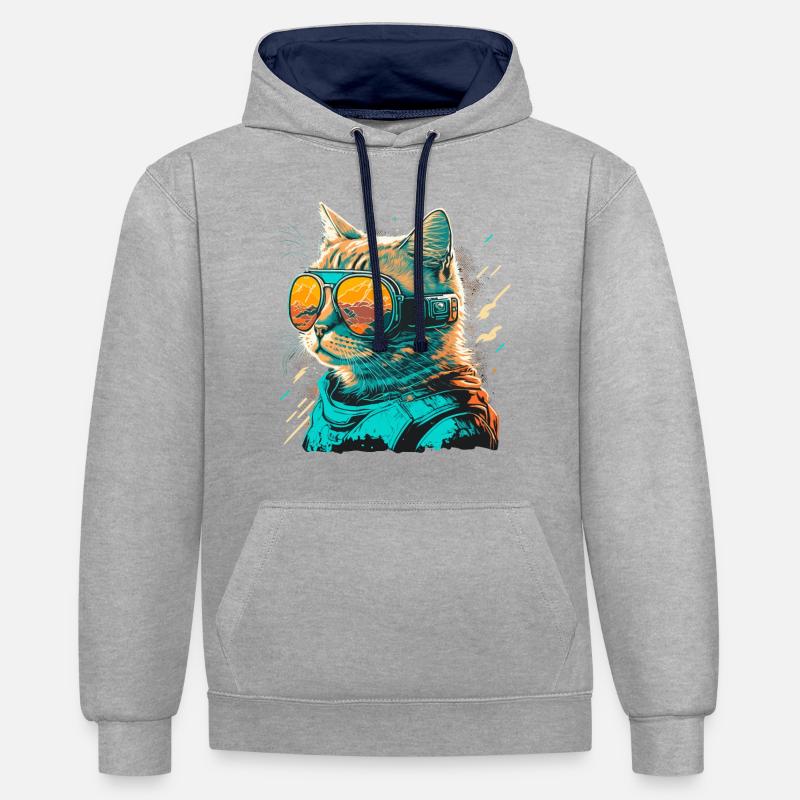 Chat des sables - Sweat à capuche contrasté - gris chiné/bleu marine