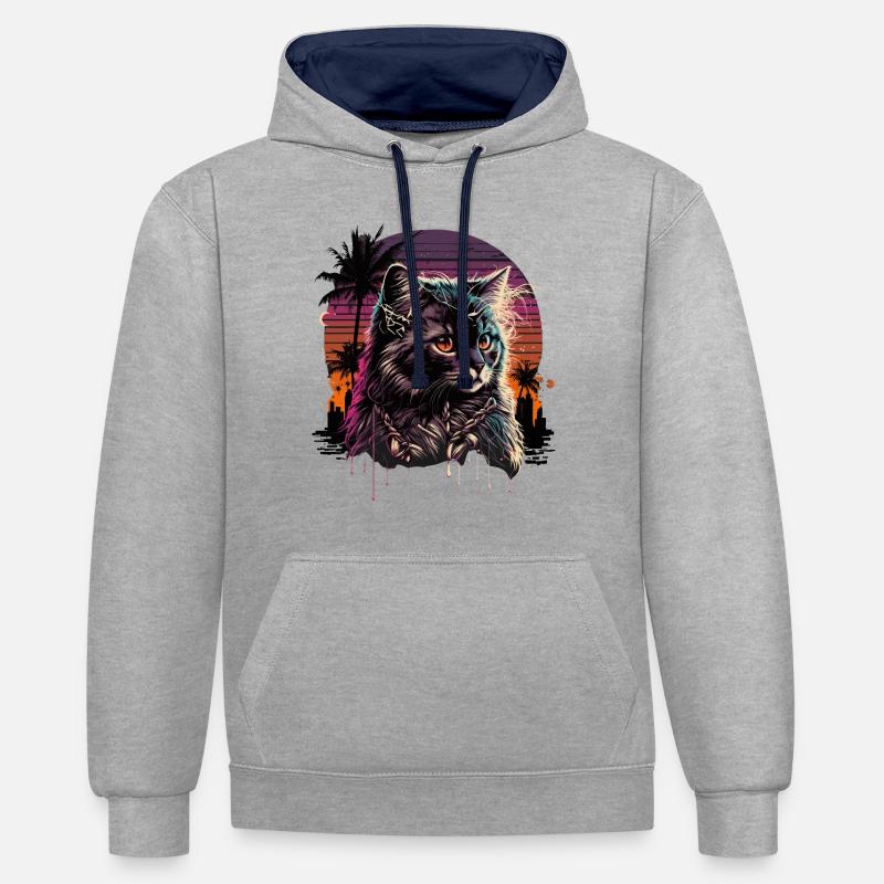 Synthwave Cat - Sweat à capuche contrasté - gris chiné/bleu marine