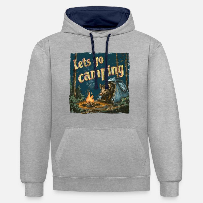Allons camper Sanglier Aventure Camping - Sweat à capuche contrasté - gris chiné/bleu marine
