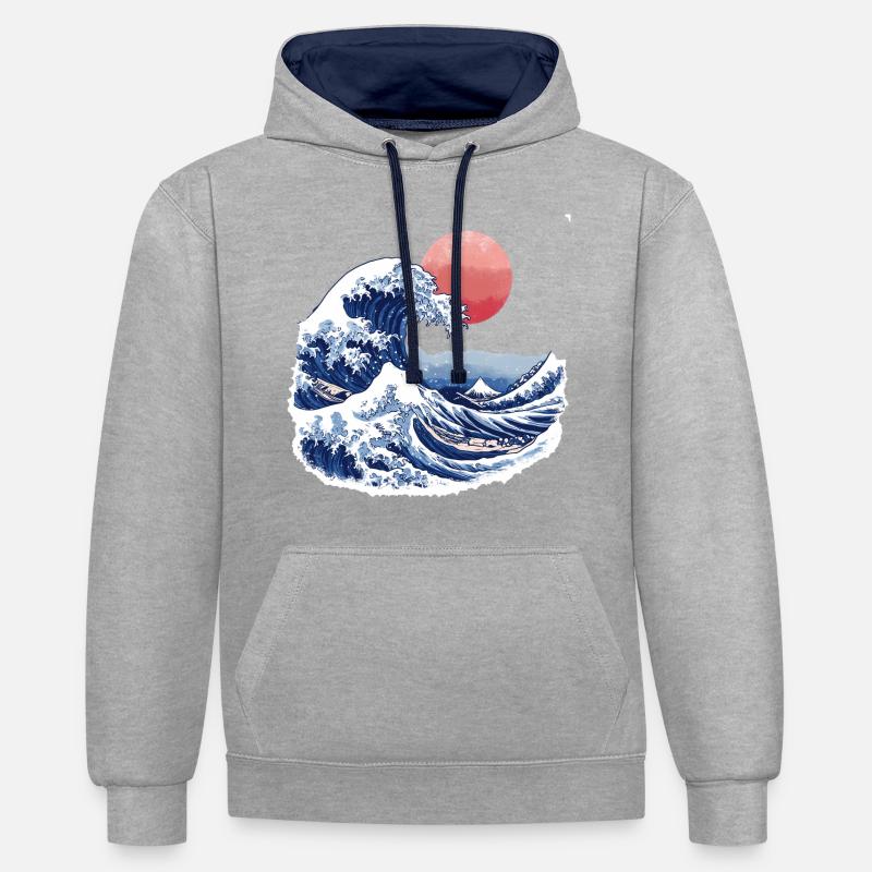 Vagues de style Hokusai - Sweat à capuche contrasté - gris chiné/bleu marine