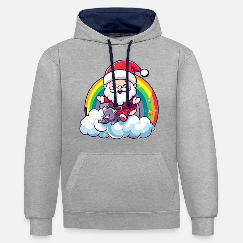 Souris Père Noël Arc-en-ciel - Sweat à capuche contrasté - gris chiné/bleu marine