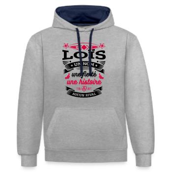 LOÏS PARFAIT - PRENOM LOÏS - Sweat à capuche contrasté - gris chiné/bleu marine - Devant - Liana (172cm) & Jaron (178cm)