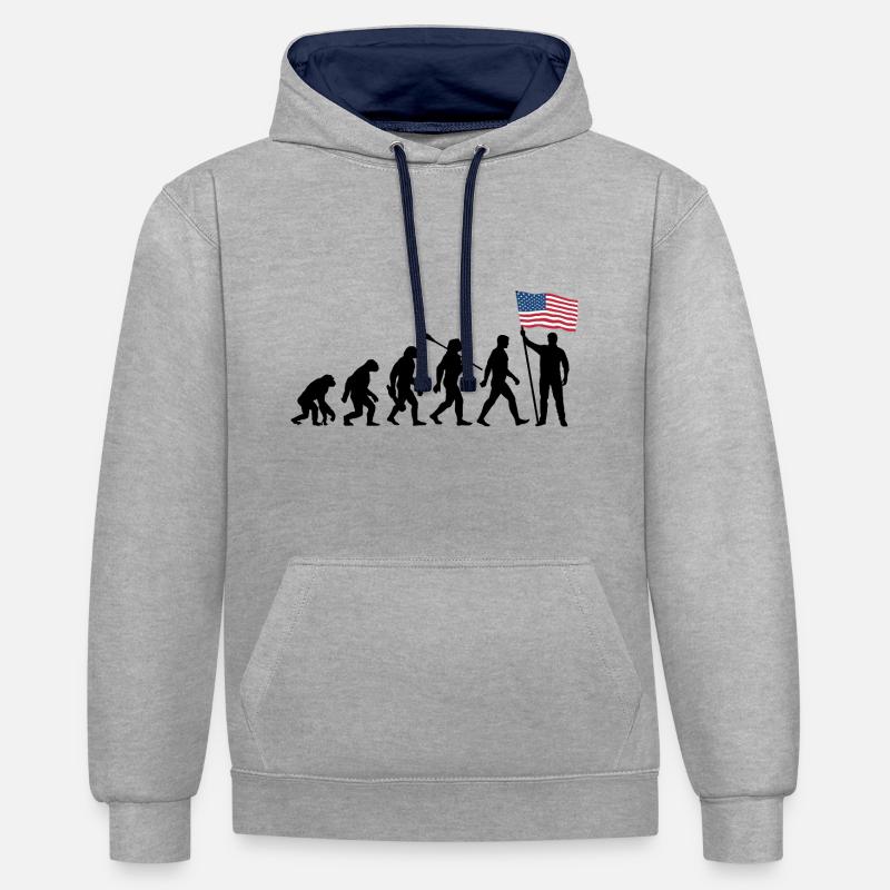 Amérique - États-Unis - Evolution - Drapeau - Nation - Sweat à capuche contrasté - gris chiné/bleu marine