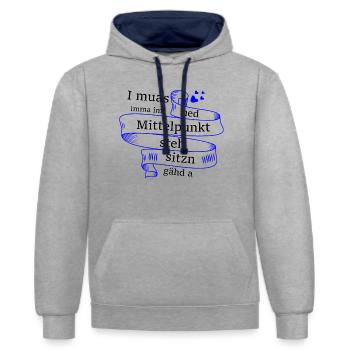 Im Mittelpunkt stehn - bayerischer Spruch - Kontrast-Hoodie - Grau meliert/Navy - Vorne - Liana (172cm) & Jaron (178cm)