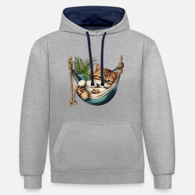 Chat dans un Hammock - Sweat à capuche contrasté - gris chiné/bleu marine
