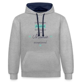 T shirt pour Grand Mère Une Mamie Exceptionnelle - Sweat à capuche contrasté - gris chiné/bleu marine - Devant - Liana (172cm) & Jaron (178cm)