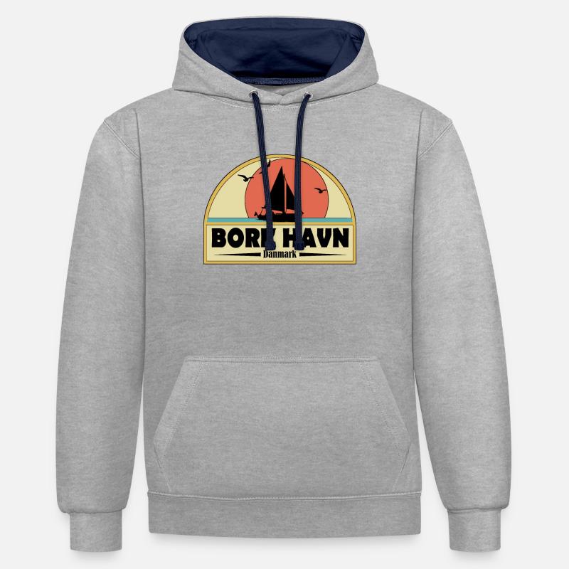 Bork Havn, Danemark - Sweat à capuche contrasté - gris chiné/bleu marine