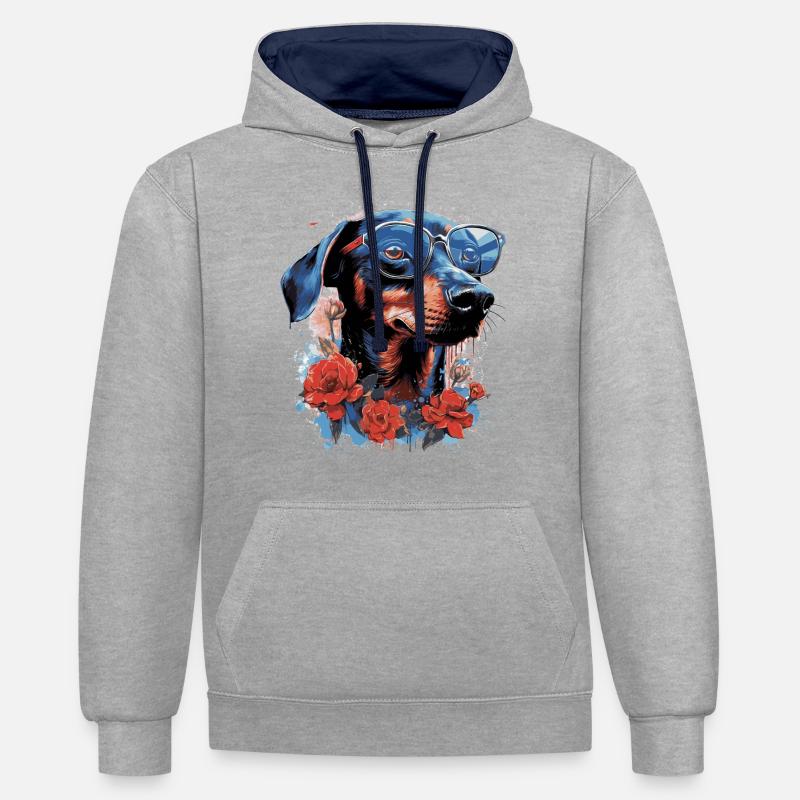 Teckel rose - Sweat à capuche contrasté - gris chiné/bleu marine