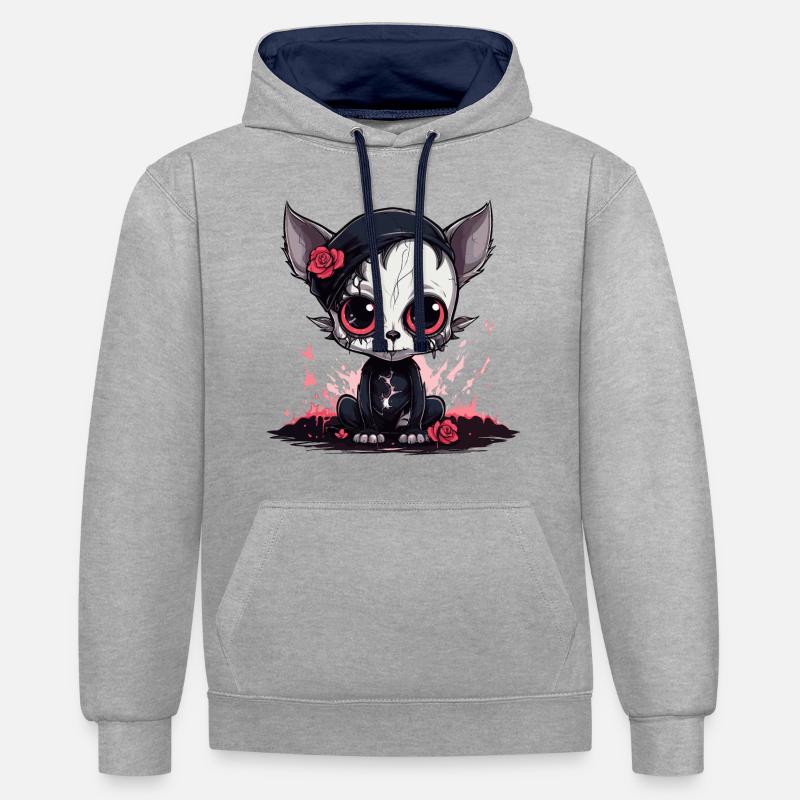 Chaton gothique Emo mignon - Sweat à capuche contrasté - gris chiné/bleu marine