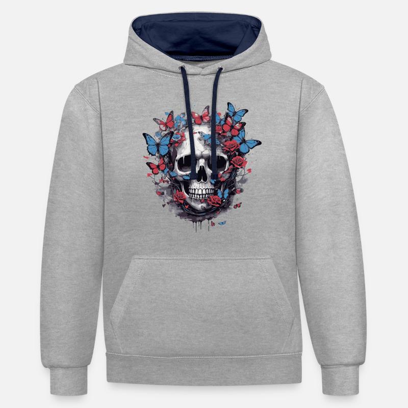 Papillons et crânes - Sweat à capuche contrasté - gris chiné/bleu marine