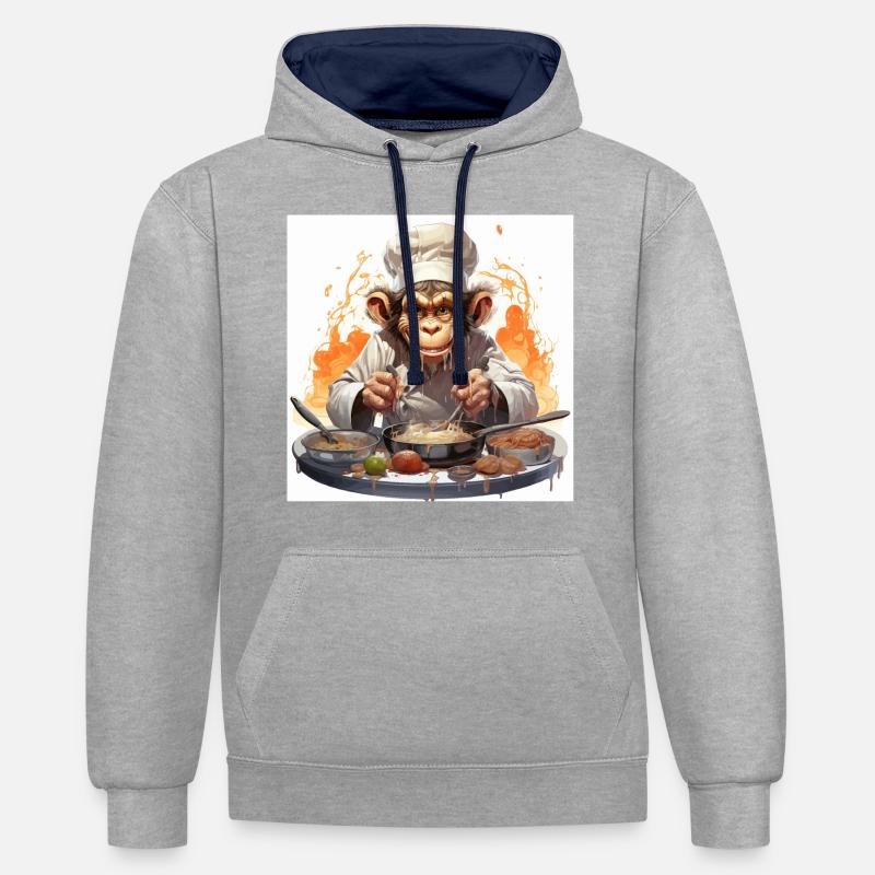 Le chimpanzé culinaire - Sweat à capuche contrasté - gris chiné/bleu marine