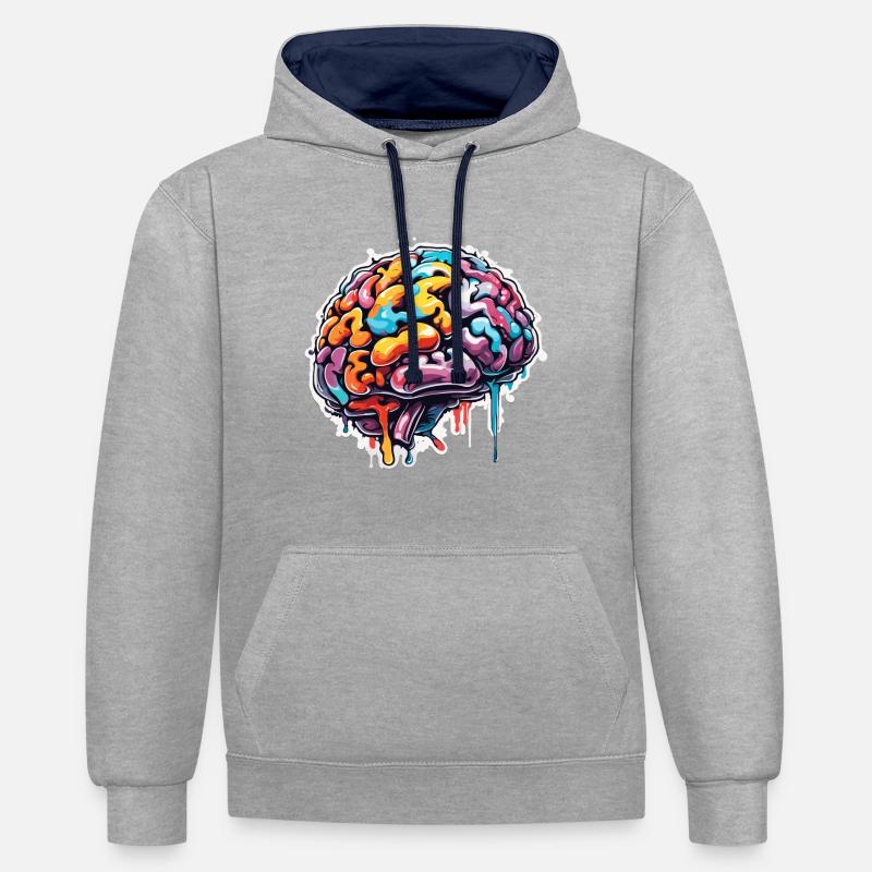 Cerveau / Connaissance / Intelligence / Intelligent / Pensée - Sweat à capuche contrasté - gris chiné/bleu marine