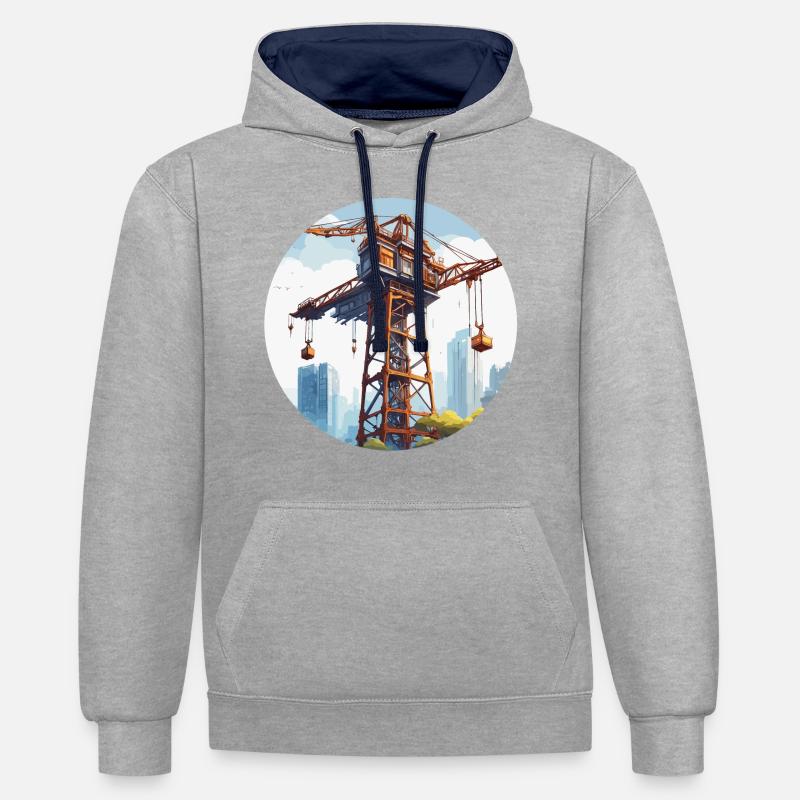 Kran / Baustelle / Seilwinde / Kransystem - Kontrast-Hoodie - Grau meliert/Navy