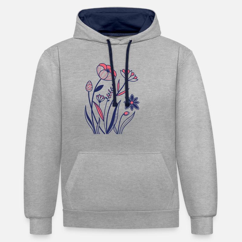 Fleurs - Printemps - Été - Fleurs - Sweat à capuche contrasté - gris chiné/bleu marine