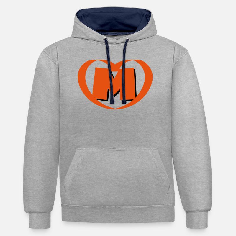 Coeur avec la lettre M - Sweat à capuche contrasté - gris chiné/bleu marine