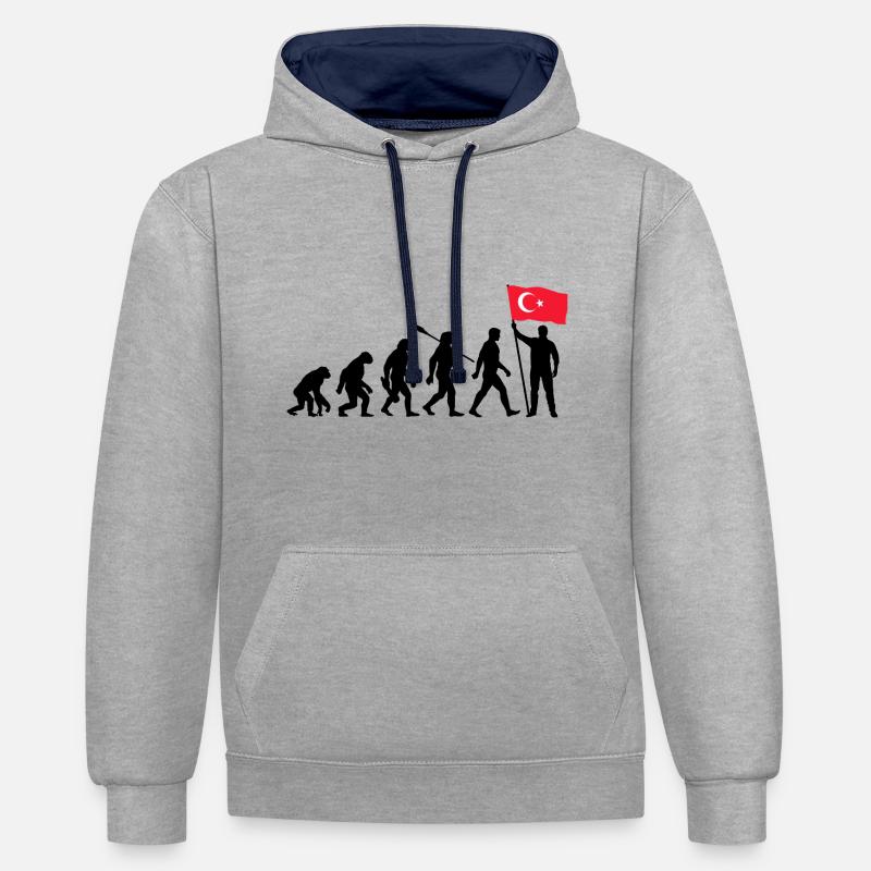 Turquie - Evolution - Drapeau - Nation - Sweat à capuche contrasté - gris chiné/bleu marine