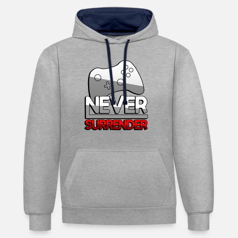 NEVER SURRENDER (Rot) + Controller - Gaming - Kontrast-Hoodie - Grau meliert/Navy
