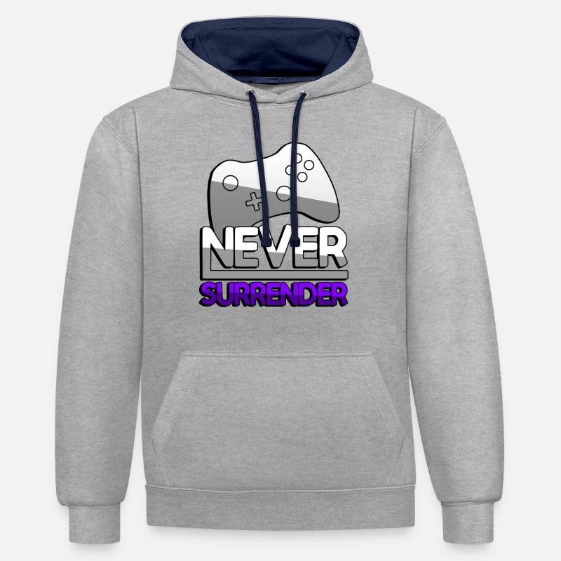 NEVER SURRENDER (Lila) + Controller - Gaming - Kontrast-Hoodie - Grau meliert/Navy