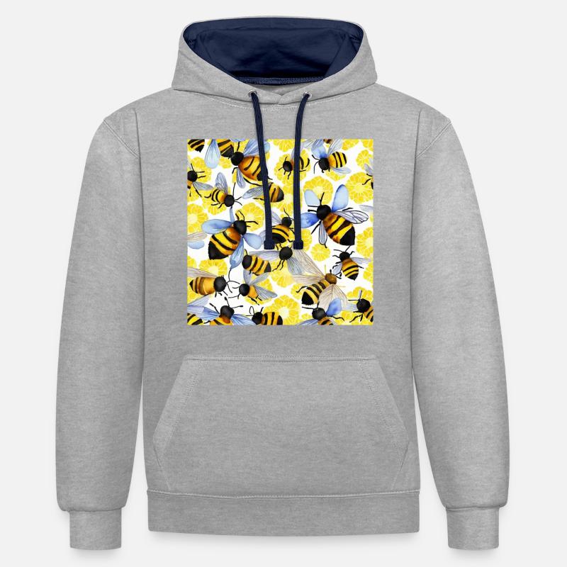 Les abeilles (aquarelle) - Sweat à capuche contrasté - gris chiné/bleu marine
