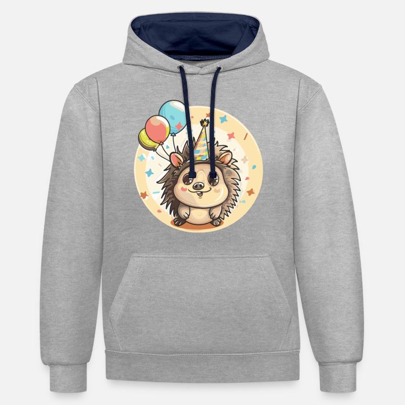 hérisson anniversaire bébé - Sweat à capuche contrasté - gris chiné/bleu marine