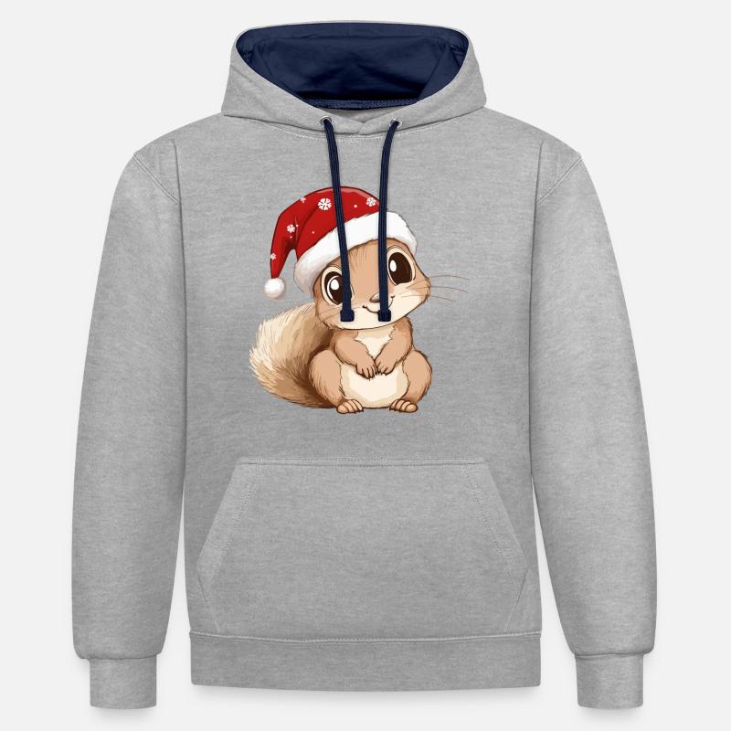 Écureuil Noël mignon Noël mignon - Sweat à capuche contrasté - gris chiné/bleu marine