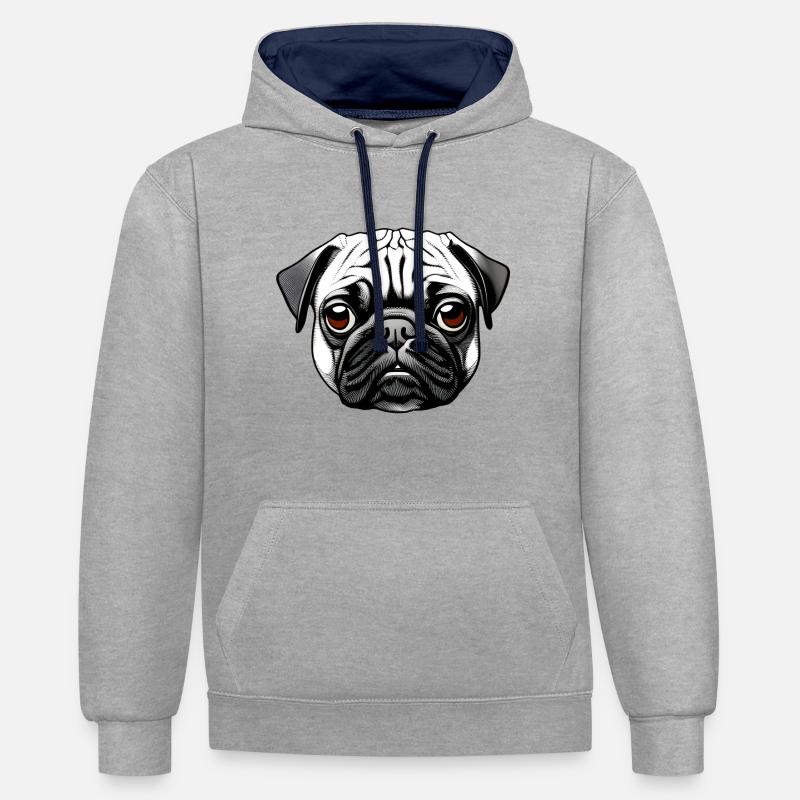 Pug Design Motif d’impression graphique - Sweat à capuche contrasté - gris chiné/bleu marine