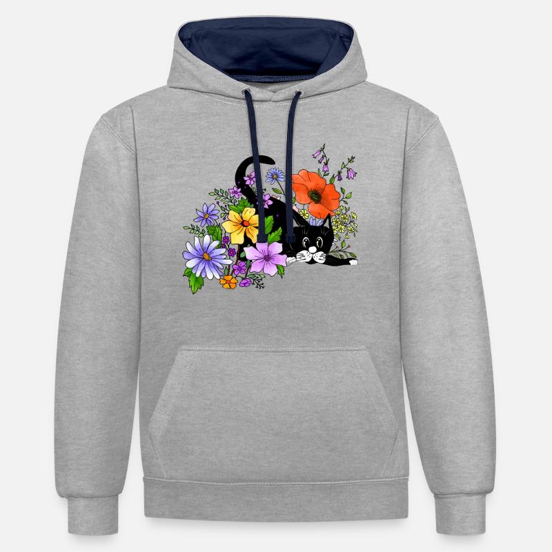 Chat - Sweat à capuche contrasté - gris chiné/bleu marine