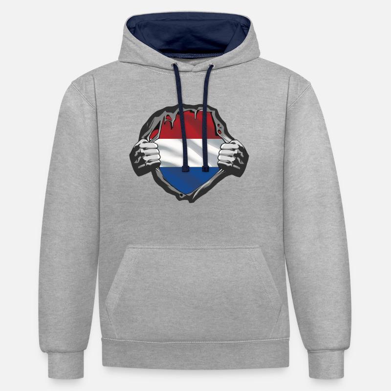 Hollande - Sweat à capuche contrasté - gris chiné/bleu marine